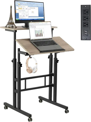 Vista 15 de Hadulcet Escritorio móvil de pie con estación de carga, escritorio ajustable para computadora de pie, carrito ajustable para laptop con ruedas