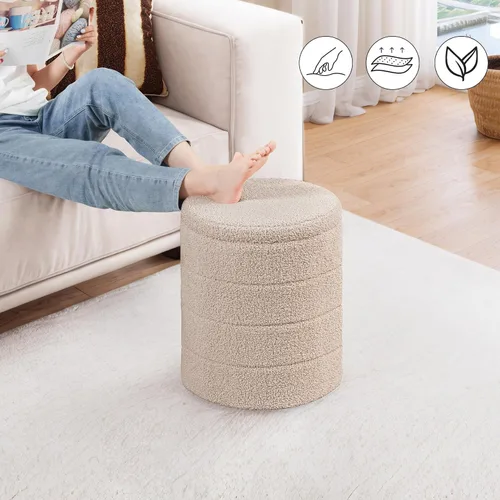 Vista 2 de PINPLUS Otomana de Almacenamiento Redonda Reposapiés Taburete con Bandeja de Terciopelo Sherpa Otomana de Almacenamiento Plegable, Reposapiés Boucle