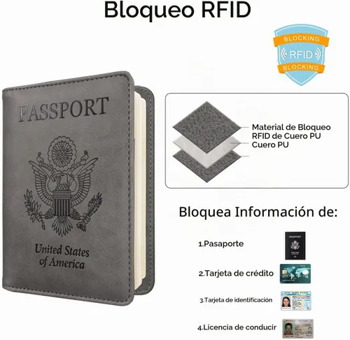 Vista 6 de WALNEW - Cartera para pasaporte de viaje, funda para pasaporte con bloqueo RFID, color gris