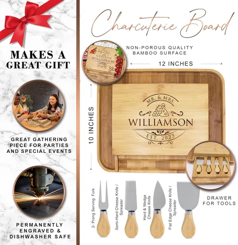 Vista 2 de The Wedding Party Store Juego de bandeja de queso de alta calidad personalizada con herramientas esparcidoras con cualquier nombre