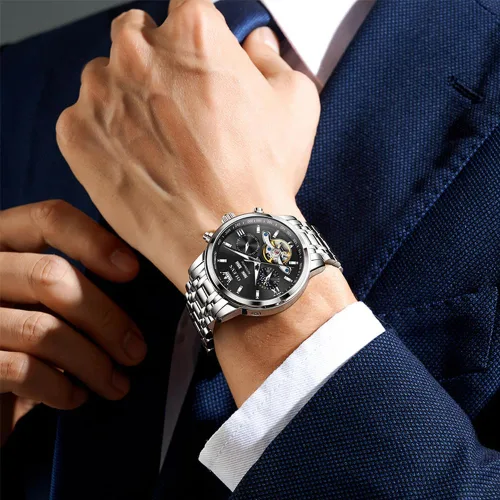Vista 3 de OLEVS Automatic Watches for Men Luxury Skeleton Multi-Function Mechanical Watch Self Winding Date Waterproof Luminous Mens Watch