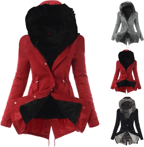 Vista 3 de Qeaghou Abrigos de invierno con forro polar para mujer, cálida gabardina, cortavientos, chaqueta de esquí mullida y sólida con capucha