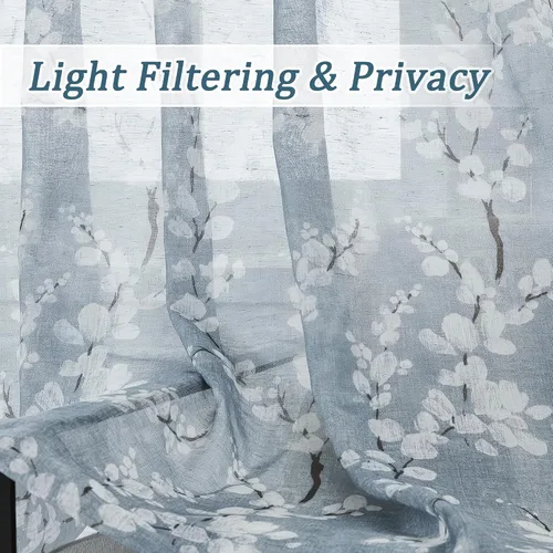 Vista 3 de FMFUNCTEX – Cortinas de lino transparentes para dormitorio, cortinas con estampado de flores azules y blancas de 63 pulgadas de largo para sala