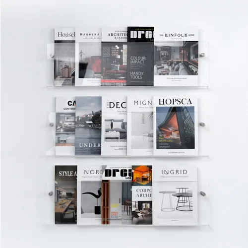 Vista 4 de Soporte para folletos de acrílico transparente de 3 niveles, estante colgante para revistas, estante de almacenamiento de literatura para sala