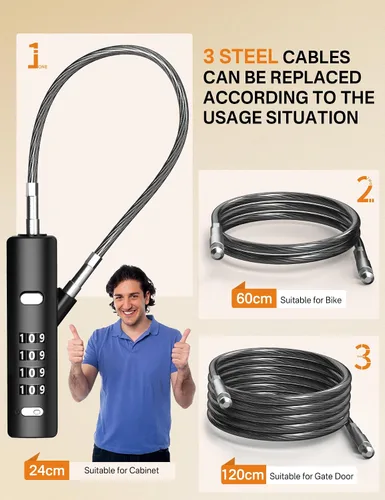Vista 2 de Candado de Cable de Combinación de 4 Dígitos con 3 Cables de Acero (9"/24"/47") - Reinicio Seguro Solo con Código Actual - para Bicicleta, Equipaje
