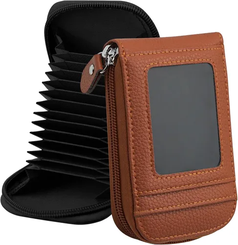 Vista 5 de RFID mini organizador de tarjetas de crédito, cuero auténtico, billetera compacta con visor de identificación, S, Negro