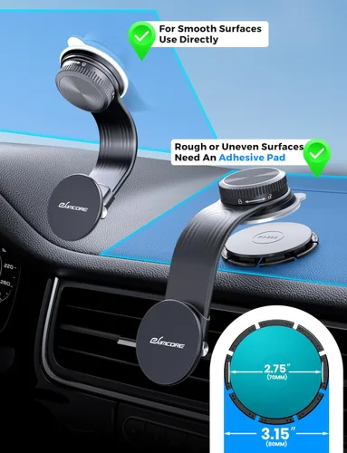 Vista 3 de Magsafe - Soporte magnético para teléfono con brazo de aleación flexible para tu coche 8” long, Dashboard, Windshield, Vacuum Suction Cup, 22 N55