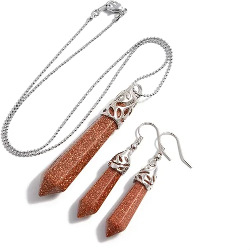 Vista 13 de AD Beads - Juego de colgante y aretes con piedras preciosas naturales hexagonales con punta, chakra Reiki Negro ágata