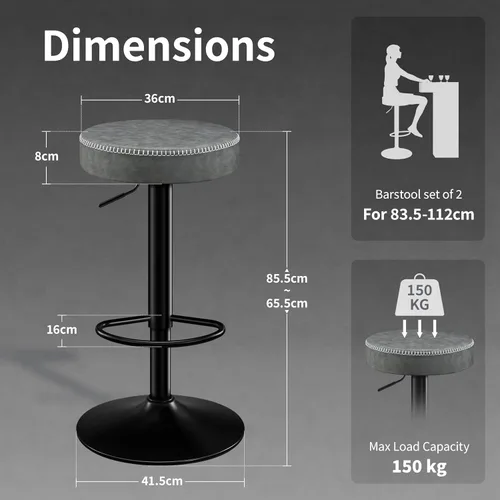 Vista 2 de STOOLINK Juego de 2 taburetes de bar ajustables sin respaldo de cocina con asiento redondo, taburetes de bar giratorios de 360° de altura de Gris