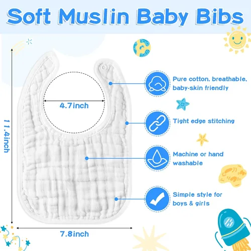 Vista 2 de Baberos de muselina para bebé, 8 unidades, algodón suave, ajustable, babero absorbente y transpirable, baberos de alimentación para dentición babeo