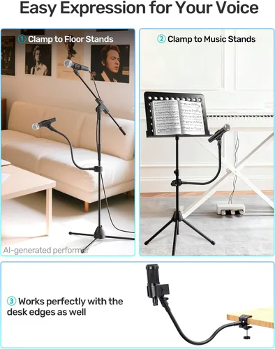 Vista 2 de Soporte de micrófono de cuello de cisne de 19 pulgadas, soporte flexible de brazo de micrófono con clip con súper abrazadera y adaptador de 5/8 a