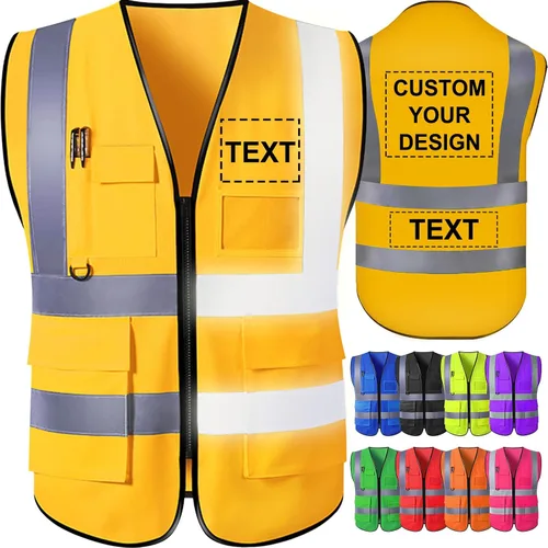 Vista 12 de Chaleco de seguridad personalizado para hombre con bolsillos con logo, chalecos reflectantes de alta visibilidad para construcción, ropa