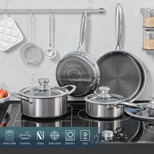 Vista 6 de AuFranc Juego de ollas y sartenes híbridas de acero inoxidable antiadherentes, juego de utensilios de cocina de inducción con tapas de vidrio