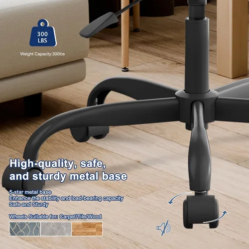 Vista 7 de Misolant Silla de tocador con respaldo, pequeña silla de oficina sin brazos con ruedas y soporte lumbar, cómodas sillas de escritorio de piel Negro