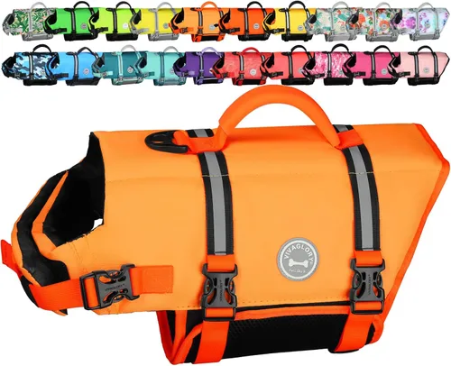 Vista 25 de VIVAGLORY Chaleco salvavidas para perros Rip Stop, chaleco de natación con asa, flotabilidad para perritos cachorros, chaleco salvavidas para perros
