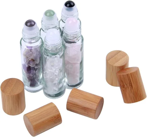 Vista 4 de Constore 5 botellas enrollables de piedras preciosas de 0.3 fl oz, botellas recargables con tapas de bambú, chips de cristal curativo