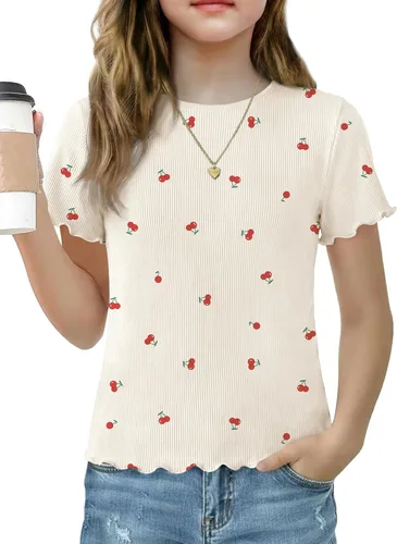 Vista 10 de Arshiner Camisas de manga corta con ribete de lechuga para niñas, camisetas de verano acanaladas con cuello redondo Blanco