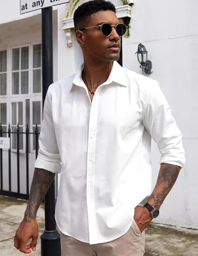 Vista 2 de COOFANDY Camisas casuales de lino de manga larga con botones para hombre