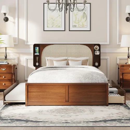 Vista 27 de JIVOIT Cama de plataforma de tamaño King con cabecera de 46.5 pulgadas de alto, marco de plataforma de madera de bambú maciza con listones de madera