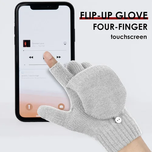 Vista 3 de Achiou Guantes de invierno sin dedos para hombres y mujeres, guantes convertibles cálidos de medio dedo con tapa abatible, guantes de punto de concha