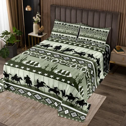 Vista 41 de Colcha de vaquero occidental para niños, tamaño individual, juego de colcha rústica de herraduras, cactus y herraduras, decoración de habitación