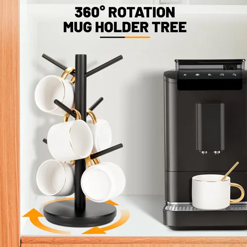 Vista 2 de MyLifeUNIT Árbol Portatarjetas, Soporte para Tazas Giratorias 360° con 6 Ganchos, Organizador de Soporte para Tazas de Café de Madera para Encimera