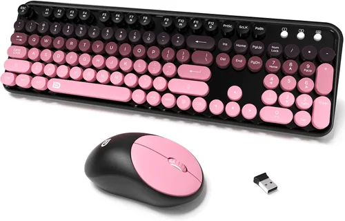 Vista 16 de Combo de teclado y ratón inalámbricos, teclado de máquina de escribir inalámbrico de tamaño completo de 2.4 GHz con teclas redondas para Windows