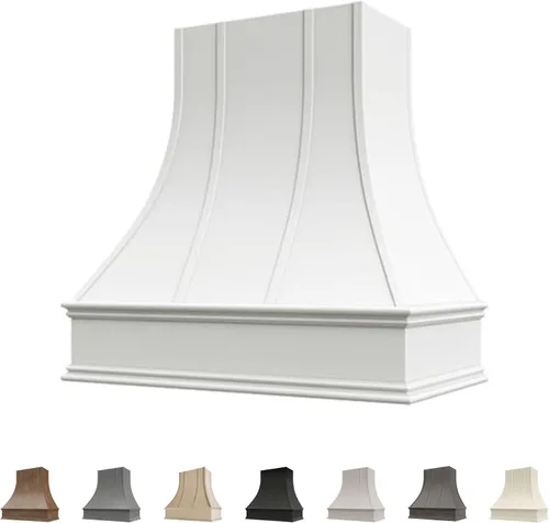 Vista 9 de Cubierta curvada para campana extractora de nogal americano con molduras decorativas, cubiertas de madera para campana extractora de pared, madera