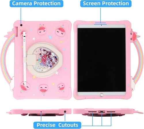 Vista 5 de Funda para niños [Super linda con arena movediza brillante] para iPad 2 2011 con soporte giratorio de 360° - Rosa