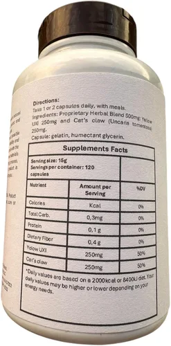 Vista 3 de Uxi amarillo + garra de gato - 120 cápsulas 500 mg Suplemento dietético