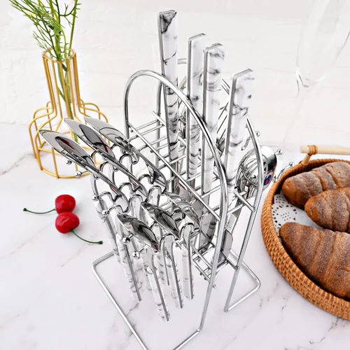 Vista 5 de Juego de cubiertos de 24 piezas de cubiertos de imitación de mármol blanco con soporte, cubiertos de acero inoxidable para 6, utensilios de comer
