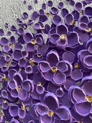 Vista 2 de Epicler art Pintura al óleo decorativa de flores 3D moradas pintadas a mano, arte de pared decorativo de pared de flores, arte moderno, sala