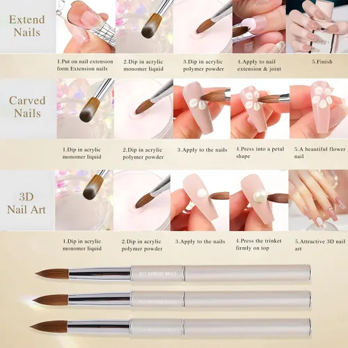 Vista 6 de Kolinsky - Cepillo de uñas acrílico, 100% puro, para aplicación de polvo acrílico, herramienta profesional de manicura para extensión de uñas