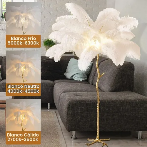 Vista 4 de Lámpara de Pie Natural de Pluma de Avestruz, Lámpara de Pie LED Moderna Regulable, Lámpara de Rincón Romántica de Princesa para Dormitorio de Blanco