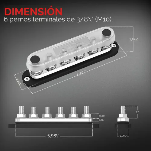 Vista 2 de DaierTek - Barra colectora de 300A 12V marina, bloque de distribución de potencia con cubierta, 6 pernos de 3/8" (M10), máximo 300V CA, 48V CC