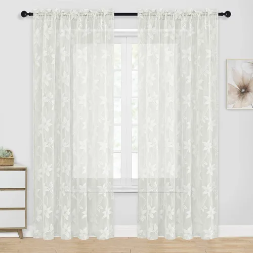 Vista 54 de DWCN Paquete de 2 cortinas traslúcidas pequeñas de encaje floral beige para cocina, cortinas traslúcidas ligeras con bolsillo para barra, cortinas