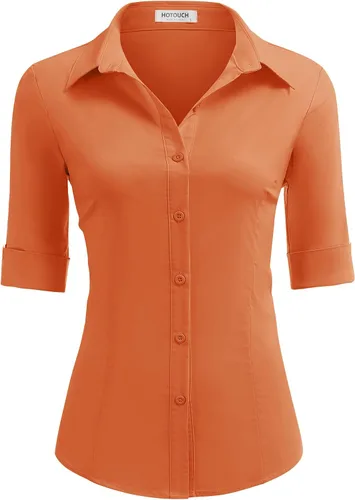 Vista 6 de HOTOUCH Camisas básicas con botones para mujer, manga 3/4, elásticas, con botones, camisa de vestir ajustada para camarera