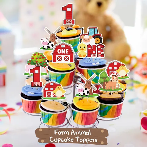 Vista 7 de Weecent 48 piezas de decoración de cupcakes de animales de granja para el primer cumpleaños, decoración de granero con temática de granero