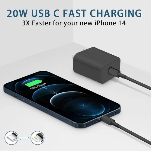 Vista 6 de CXX Cargador para iPhone de 20 W de carga rápida [certificado MFi, paquete de 2] bloque USB-C PD y cable de 6 pies compatible con iPhone Negro