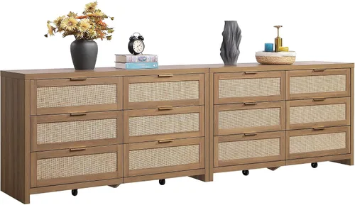 Vista 11 de SICOTAS Cómoda de ratán para dormitorio, cómoda de 57 pulgadas de ancho con 6 cajones con amplio almacenamiento, cómoda de madera, cómoda grande