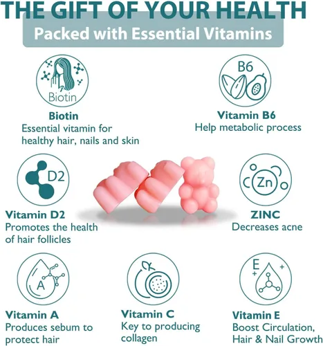 Vista 3 de Gomitas para el cabello y las uñas, apoya la salud del cabello, la piel y las uñas, vitaminas de biotina vegana para mujeres y hombres, apoya