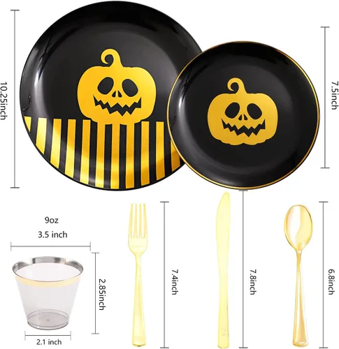Vista 2 de KIRE - 25 platos de plástico negro y dorado para invitados de Halloween con diseño de calabaza sonriente, incluye 50 piezas de platos negros, 150
