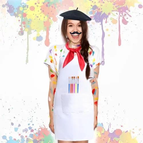 Vista 5 de Kyson Disfraz de artista para adultos, 8 piezas, pintor, Halloween, vestido con boina, delantal, paleta, pinceles, aretes, bandana y barba