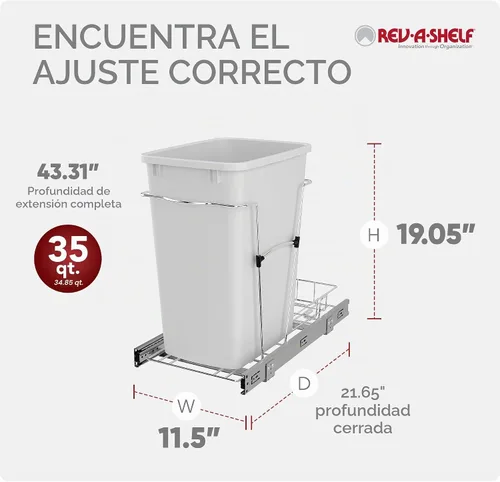 Vista 3 de Rev-A-Shelf Bote de basura extraíble para armarios de cocina, contenedor de reciclaje de basura de 35 cuartos de galón con toboganes de extensión