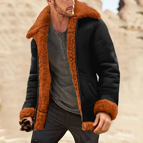 Vista 2 de Chaqueta de piel sintética para hombre, chaqueta de piel sintética de gamuza, abrigo de invierno casual con solapa y forro de sherpa