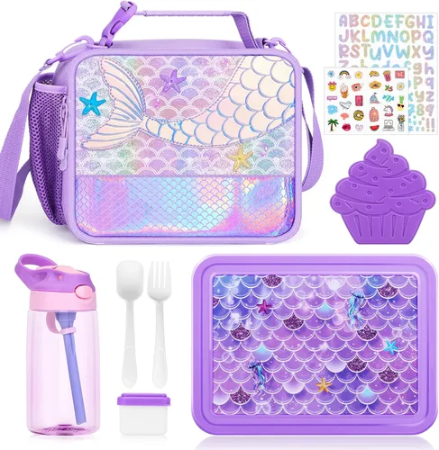 Vista 7 de JYPS - Caja de almuerzo estilo bento con diseño de unicornio para niños con bolsa de almuerzo aislada, juego de lonchera con botella de agua