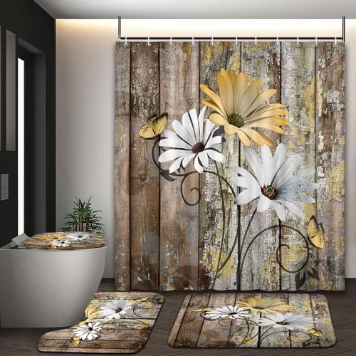 Vista 43 de JAWO Alfombra de baño con flores de granja, dalia en tablones de madera rústica, juego de tapetes de baño con flores azules, en forma de U