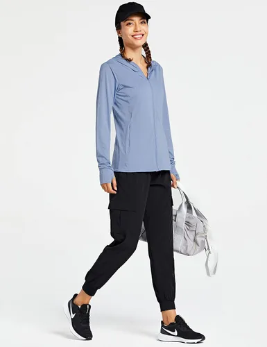 Vista 5 de Libin sudadera con capucha para mujer, con cremallera completa, UPF 50+, capucha con protección solar, de manga larga, para senderismo