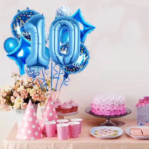 Vista 2 de Globos, 12 globos de aluminio para niños de 11 años para decoración de fiesta de cumpleaños de 11 años, globos de confeti, globos de fiesta, Azul 11