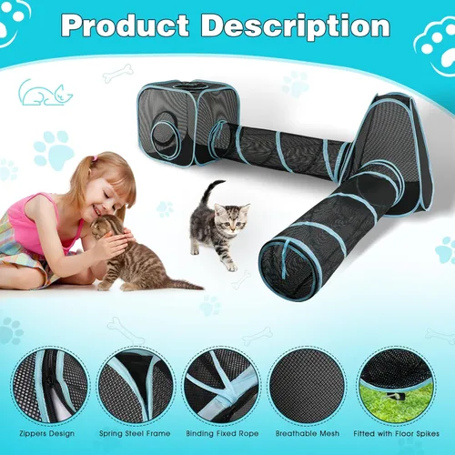 Vista 4 de Recintos portátiles para gatos de 9.45 pies para exteriores, casa de juegos para gatos, tienda de campaña desplegable para gatos con túneles dobles